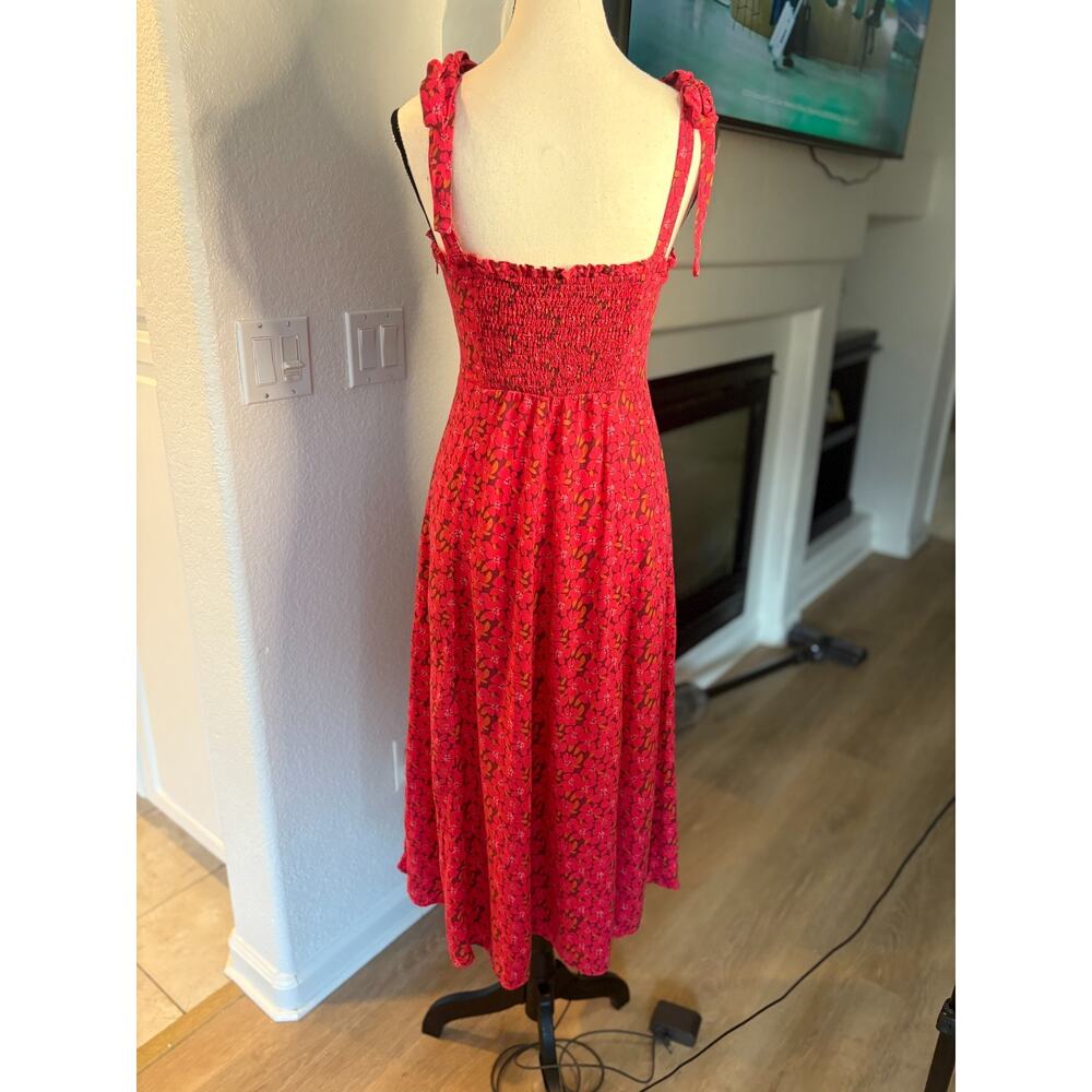 VICI Pink Floral Script Midi Dress Tie Shoulder Straps Sweetheart Neckline S 2-6 - Picture 6 of 7